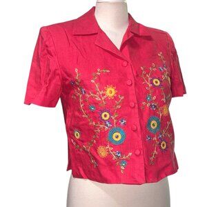 John Roberts Petite Pink Linen Button-Up Blazer Blouse Sz 6 Petite Floral Embroi